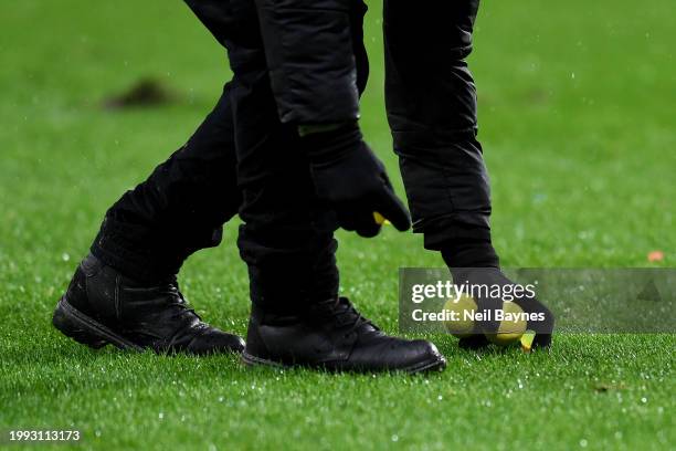 Tennis balls are removed from the pitch by security staff during the Bundesliga match between 1. FSV Mainz 05 and 1. FC Union Berlin at MEWA Arena on...