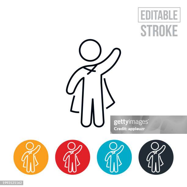 kind, das vorgibt, ein superheld zu sein, indem es sich verkleidet und ein cape thin line-symbol trägt - bearbeitbarer strich - kind superheld stock-grafiken, -clipart, -cartoons und -symbole