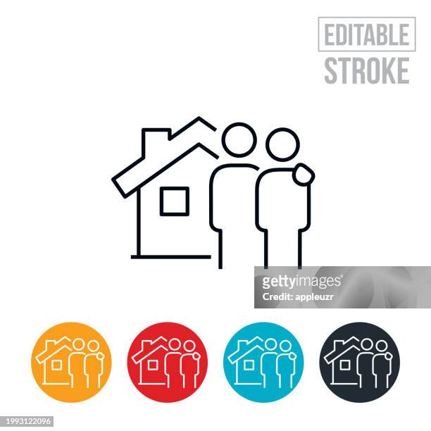 couple standing together outside their new home thin line icon - editable stroke - home ownership icon stock illustrations