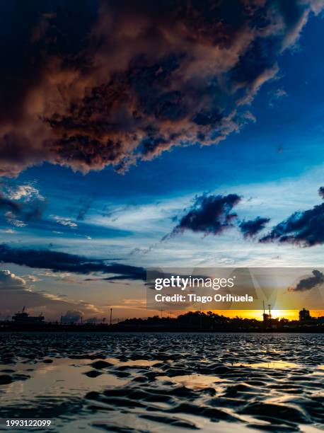 sunset at low tide of the amazon river - amarelo stock pictures, royalty-free photos & images