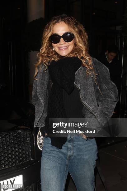 Rita Ora leaving the Ham Yard Hotel after recording a podcast with Ebgeny Lebedev on February 07, 2024 in London, England.