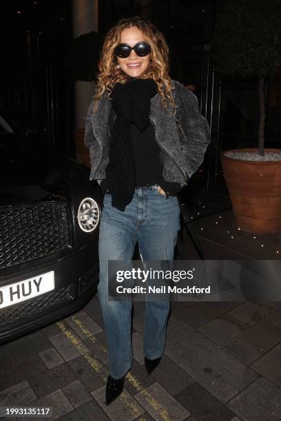 Rita Ora leaving the Ham Yard Hotel after recording a podcast with Ebgeny Lebedev on February 07, 2024 in London, England.