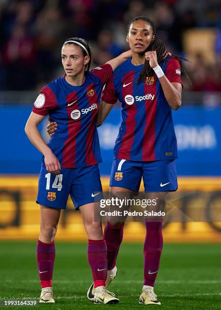 Aitana Bonmati and Salma Paralluelo of FC Barcelona celebrating after their team's first goal during the Copa de la Reina quarter-final match between...