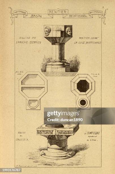 architektonisches becken, weihwasserbecken, benitier, architekturgeschichte, dekoration und design, kunst, französisch, viktorianisch, 19. jahrhundert - taufstein stock-grafiken, -clipart, -cartoons und -symbole