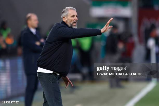 Leipzig's German head coach Marco Rose reacts from the sidelines during the German first division Bundesliga football match between FC Augsburg and...