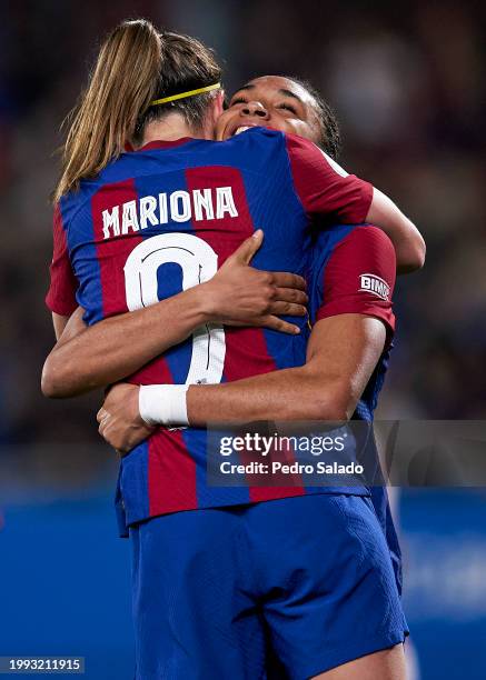 Mariona Caldentey and Salma Paralluelo of FC Barcelona celebrating their team's fifth goal during the Copa de la Reina quarter-final match between FC...