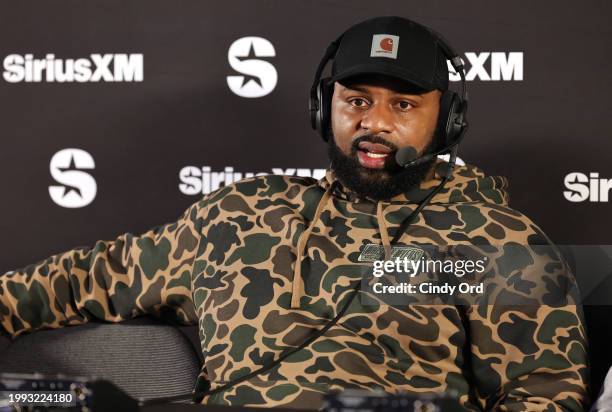 Fletcher Cox speaks on SiriusXM at Super Bowl LVIII on February 07, 2024 in Las Vegas, Nevada.