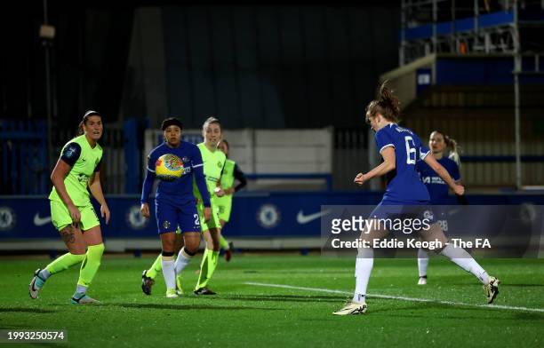 Sjoeke Nuesken of Chelsea scores her team's first goal during the FA Women's Continental Tyres League Cup Quarter Final match between Chelsea and...