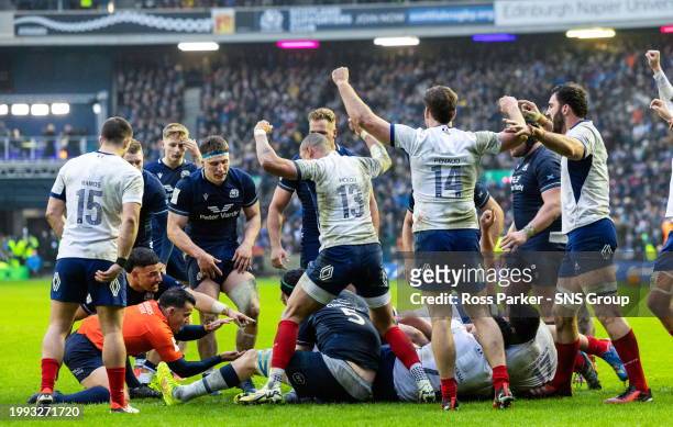 Referee Nic Berry says the ball is held up as Scotland think they have scored a try during a Guinness Six Nations match between Scotland and France...