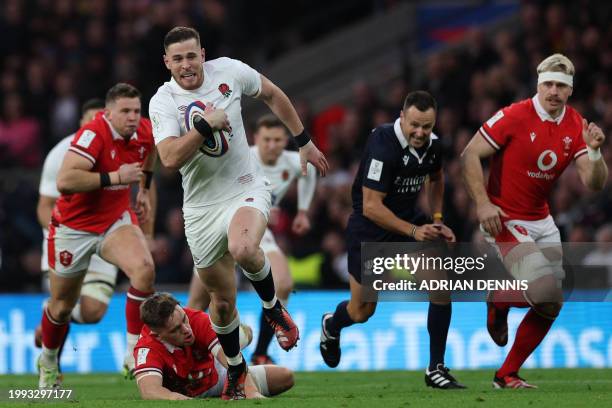 England's full-back Freddie Steward makes a break during the Six Nations international rugby union match between England and Wales at Twickenham...