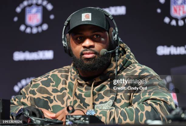 Fletcher Cox speaks on SiriusXM at Super Bowl LVIII on February 07, 2024 in Las Vegas, Nevada.