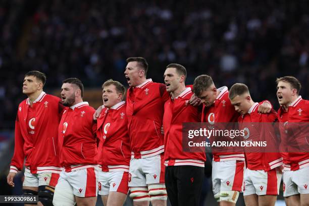 Wales players sing their anthem ahead of kick-off in the Six Nations international rugby union match between England and Wales at Twickenham Stadium...