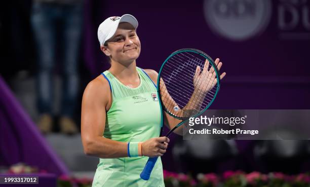 Ashleigh Barty of Australia in action against Laura Siegemund of Germany during the second round of the 2020 Qatar Total Open at the Khalifa...