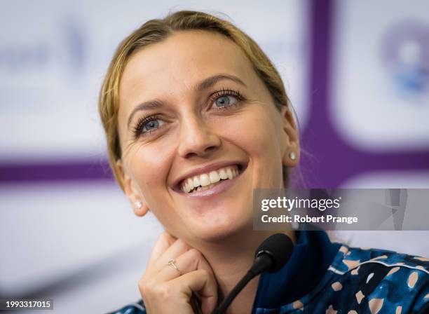 Petra Kvitova of the Czech Republic talks to the media after defeating Jelena Ostapenko of Latvia in the third round of the 2020 Qatar Total Open at...