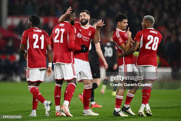 Divock Origi of Nottingham Forest celebrate with teammates after scoring his team's first goal during the Emirates FA Cup Fourth Round Replay match...