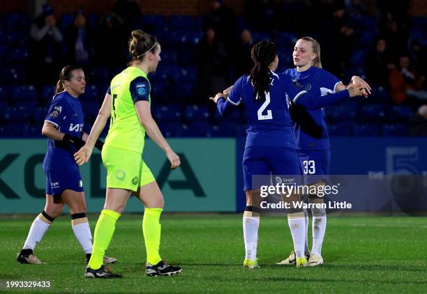 Aggie Beever-Jones of Chelsea celebrates with Mia Fishel of Chelsea after scoring her team's third goal during the FA Women's Continental Tyres...