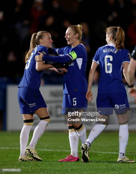 Aggie Beever-Jones of Chelsea celebrates with Sophie Ingle of Chelsea after scoring her team's third goal during the FA Women's Continental Tyres...