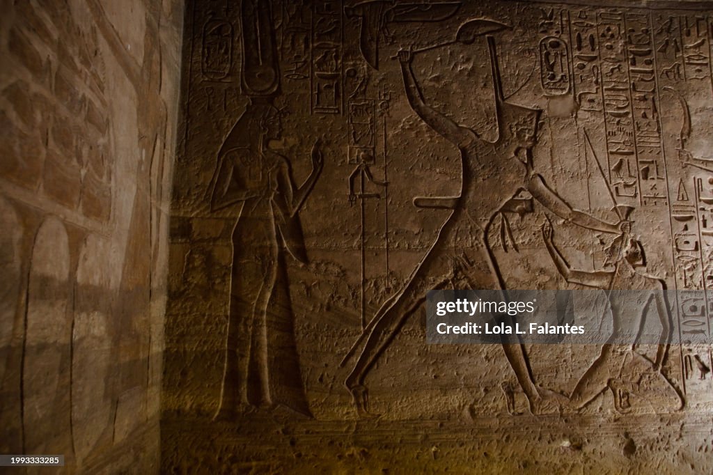 Mural representing Rameses II fighting his enemies. Hathor temple. Abu Simbel. Egypt