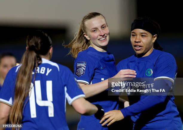 Aggie Beever-Jones of Chelsea celebrates with Mia Fishel and Fran Kirby of Chelsea after scoring her team's third goal during the FA Women's...