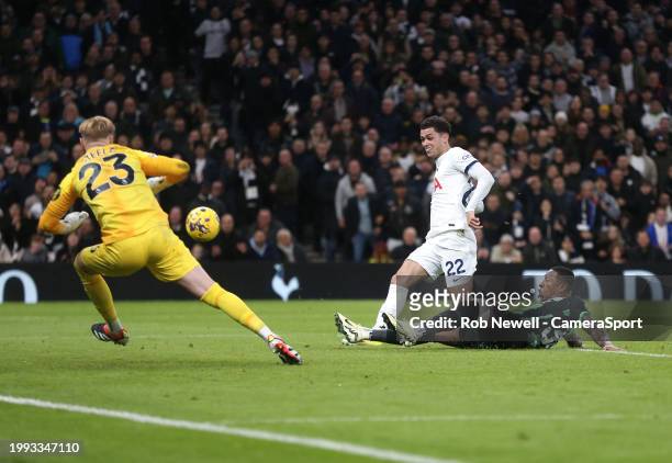 Tottenham Hotspur's Brennan Johnson scores his side's second goal during the Premier League match between Tottenham Hotspur and Brighton & Hove...