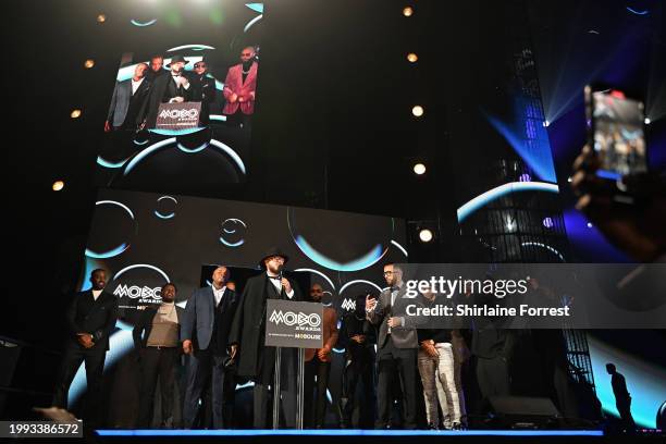 Potter Payper during the 2024 MOBO Awards ceremony at Utilita Arena Sheffield on February 07, 2024 in Sheffield, England.