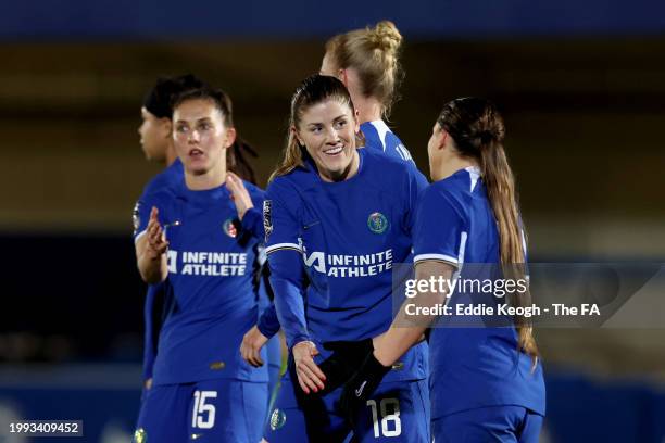 Fran Kirby of Chelsea celebrates with Maren Mjelde of Chelsea after scoring her team's fifth goal during the FA Women's Continental Tyres League Cup...