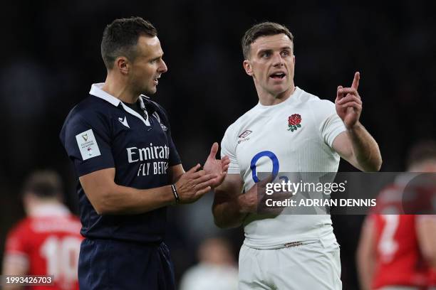 England's fly-half George Ford remonstrates with Referee James Doleman after Wales' during his attempted try conversion during the Six Nations...