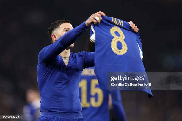 Enzo Fernandez of Chelsea celebrates scoring his team's third goal from a direct free-kick during the Emirates FA Cup Fourth Round Replay match...