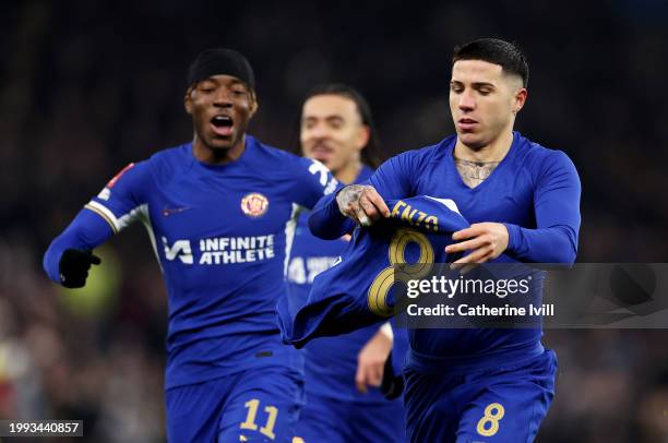 Enzo Fernandez of Chelsea celebrates scoring his team's third goal from a direct free-kick during the Emirates FA Cup Fourth Round Replay match...