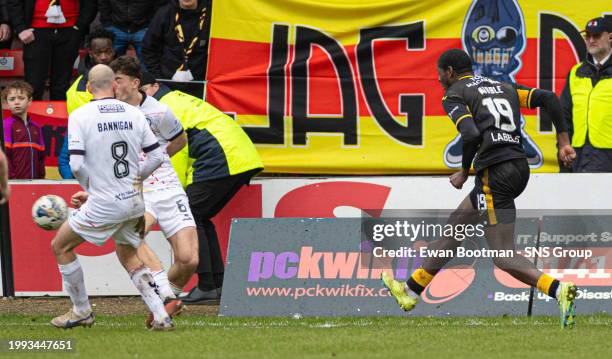 Livingston's Joel Nouble scores to make it 2-2 during a Scottish Cup Fifth Round match between Partick Thistle and Livingston, at the Wyre Stadium at...