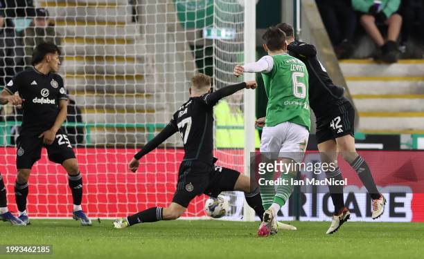Dylan Levitt of Hibernian scores his team's opening goal during the Cinch Scottish Premiership match between Hibernian FC and Celtic FC at Easter...