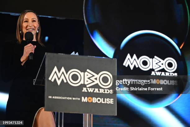 Jessica Ennis-Hill on stage after winning the Paving the Way trophy during the 2024 MOBO Awards ceremony at Utilita Arena Sheffield on February 07,...