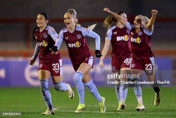 Maz Pacheco and Alisha Lehmann of Aston Villa celebrate following the team's victory in the penalty shoot out during the FA Women's Continental Tyres...
