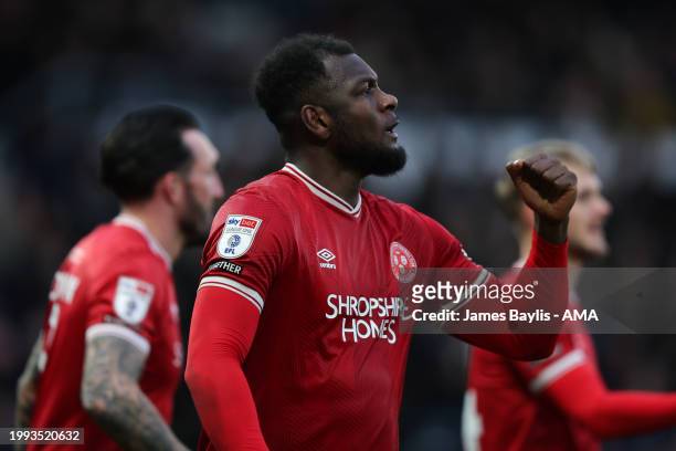 Aaron Pierre of Shrewsbury Town celebrates after scoring a goal to make it 1-1 during the Sky Bet League One match between Derby County and...