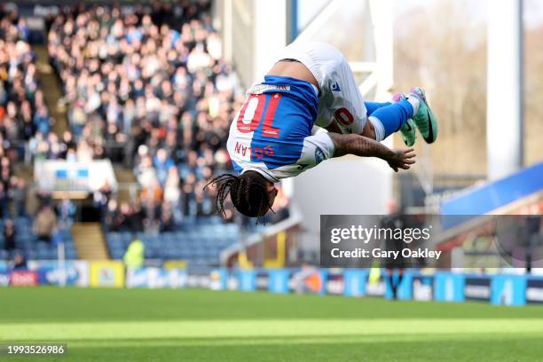 Tyrhys Dolan of Blackburn Rovers celebrates scoring his team's first goal during the Sky Bet Championship match between Blackburn Rovers and Stoke...