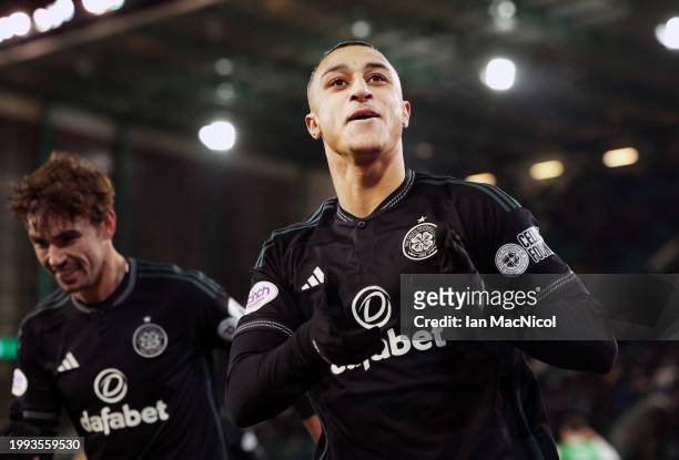 Adam Idah of Celtic celebrates his team's second goal from the penalty spot during the Cinch Scottish Premiership match between Hibernian FC and...