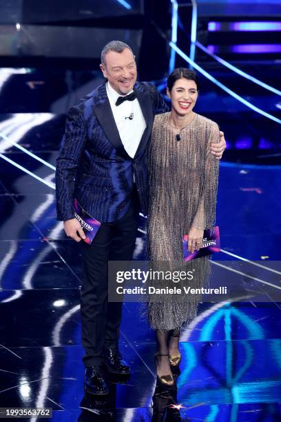 Amadeus and Giorgia attend the 74th Sanremo Music Festival 2024 at Teatro Ariston on February 07, 2024 in Sanremo, Italy.