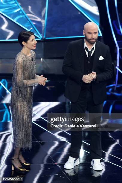 Giorgia and John Travolta attend the 74th Sanremo Music Festival 2024 at Teatro Ariston on February 07, 2024 in Sanremo, Italy.