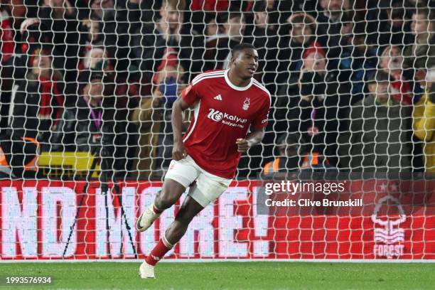 Taiwo Awoniyi of Nottingham Forest celebrates after scoring the fifth and winning penalty in the penalty shoot out during the Emirates FA Cup Fourth...