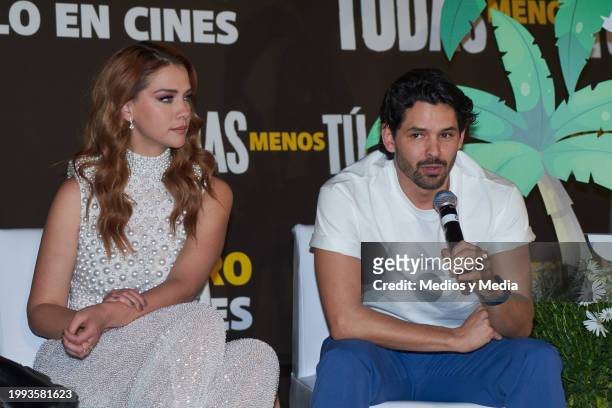 Carolina Miranda and Ricardo Abarca speak during a press conference to present details of the premier of the movie 'Todas menos tu' at Cinepolis...