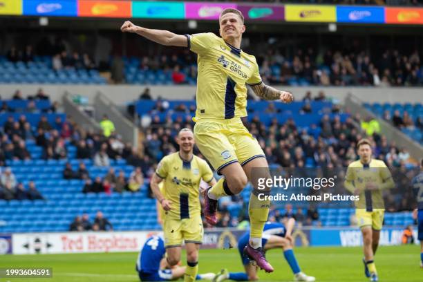 Emil Riis Jakobsen of Preston North End celebrates scoring a goal during the Sky Bet Championship match between Cardiff City and Preston North End at...