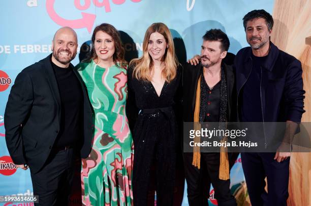 Cesar F. Calvillo, Teresa Bellon, Alexandra Jiménez, Coque Malla and Hugo Silva attend the Madrid premiere of "Buscando A Coque" at Cine Palacio de...