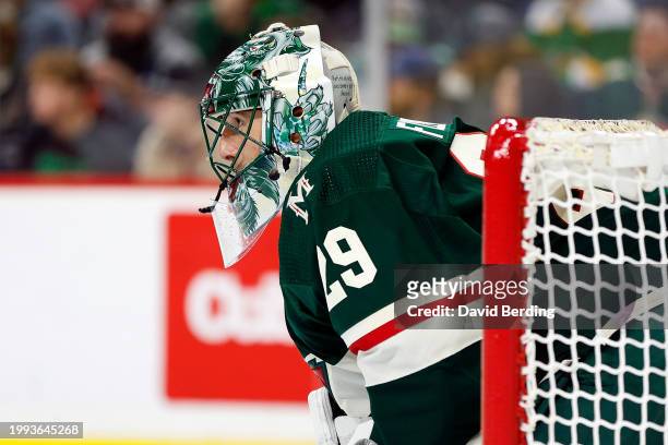 Marc-Andre Fleury of the Minnesota Wild looks on against the Calgary Flames in the second period at Xcel Energy Center on January 02, 2024 in St...