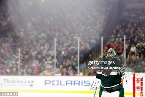 Marc-Andre Fleury of the Minnesota Wild looks on against the Calgary Flames in the second period at Xcel Energy Center on January 02, 2024 in St...