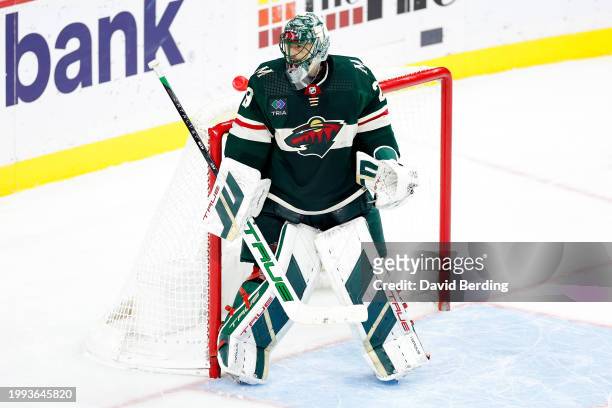 Marc-Andre Fleury of the Minnesota Wild looks on against the Calgary Flames in the third period at Xcel Energy Center on January 02, 2024 in St Paul,...