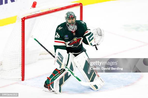 Marc-Andre Fleury of the Minnesota Wild defends his net against the Calgary Flames in the third period at Xcel Energy Center on January 02, 2024 in...