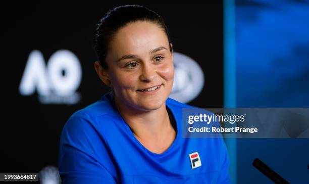 Ashleigh Barty of Australia talks to the media ahead of the 2020 Australian Open at Melbourne Park on January 19, 2020 in Melbourne, Australia