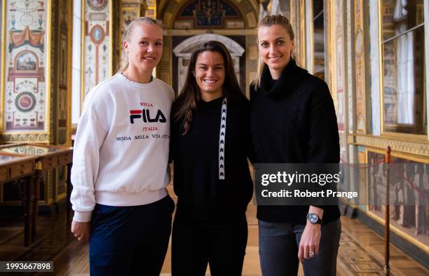 Kiki Bertens of the Netherlands, Maria Sakkari of Greece and Petra Kvitova of the Czech Republic visit the The State Hermitage Museum ahead of the...