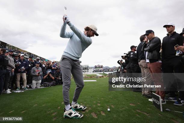 Arizona Diamondbacks pitcher Zac Gallen competes in the "Shot of Glory" competition on the 16th hole ahead of the WM Phoenix Open at TPC Scottsdale...