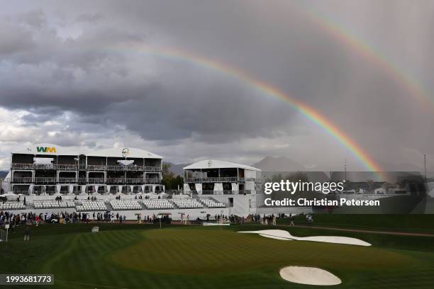 General view of a rainbow over the 18th green following the Pro-am to the WM Phoenix Open at TPC Scottsdale on February 07, 2024 in Scottsdale,...